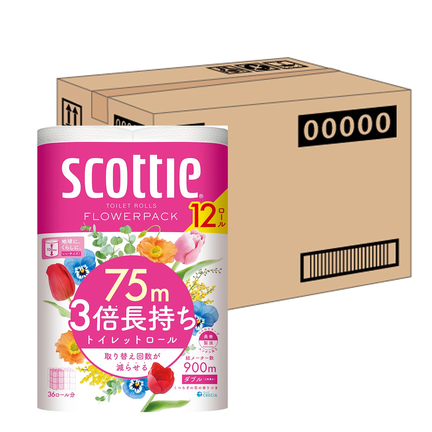 Scottie Flower Pack Toilet Double 3x Longer 48 Rolls Paper, Ply, Lasting, 75m, (Case) белый