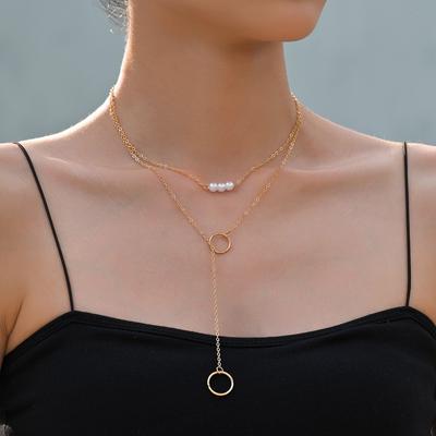 Fashion Exaggeration, Geometric Ring Circle Pearl Pendant, Multi-layer Stacking Design Women's Long Necklace Necklace Necklace
