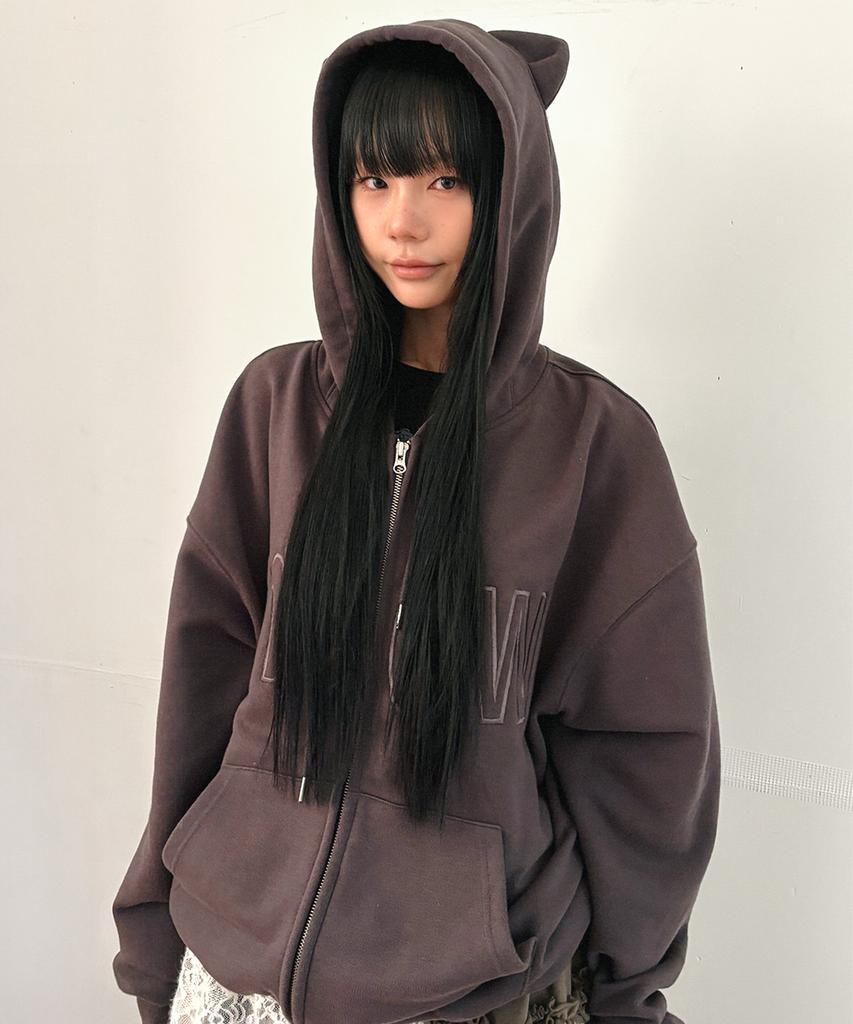 Itzavibe Meow Cat Ear Hoodie Zip Up - Charcoal