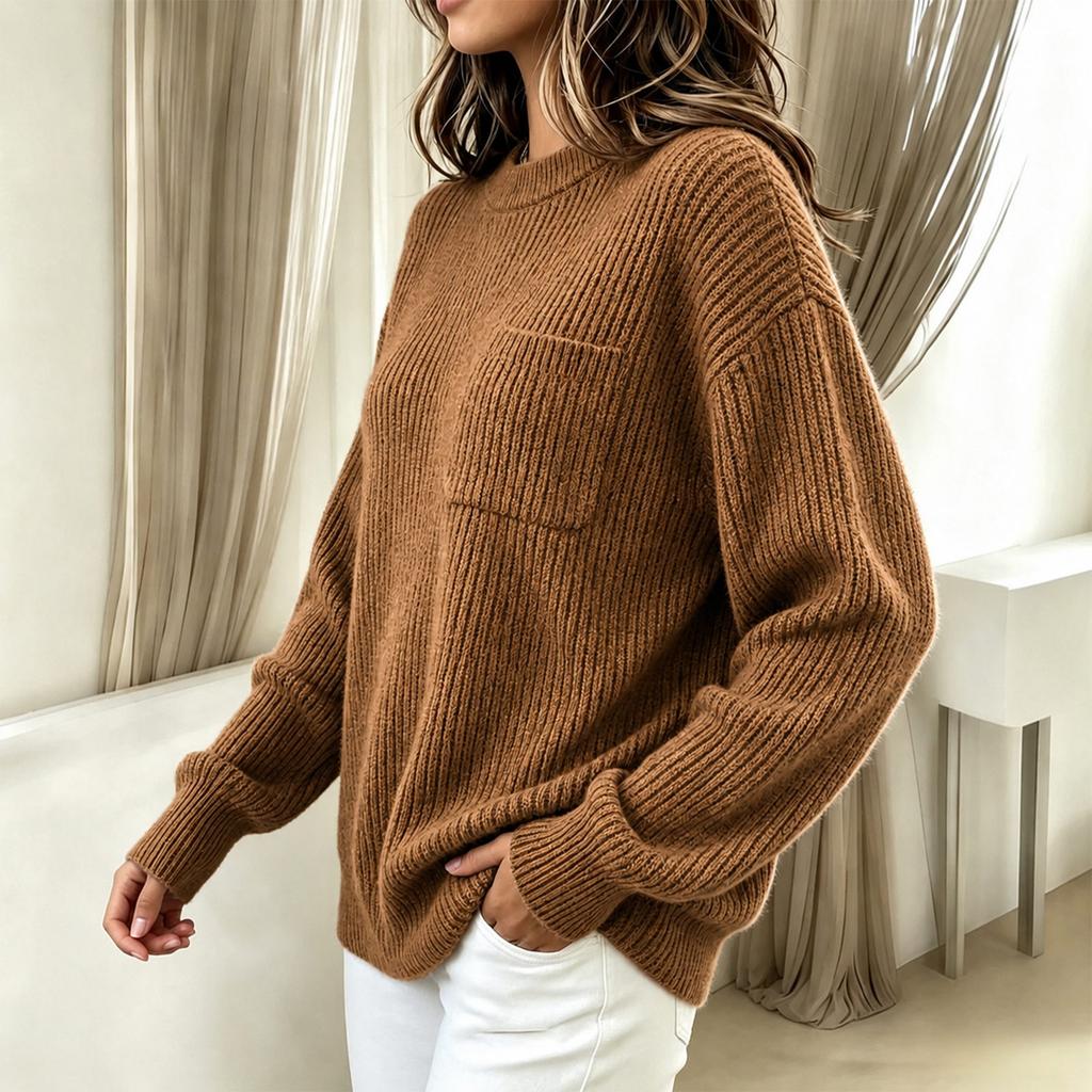 Women's Ribbed Neck Sweater with Pocket Color for Work Commute