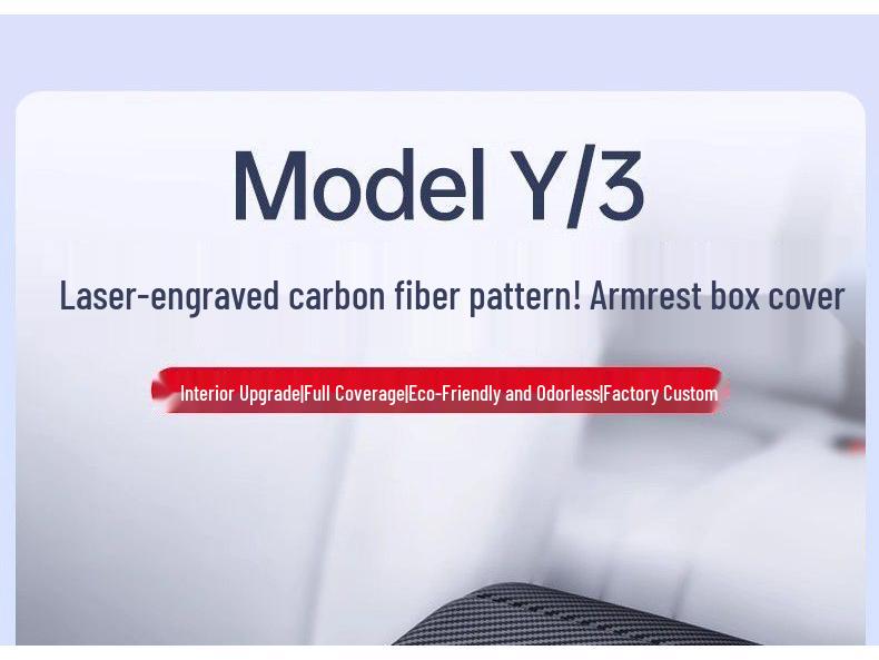 Tesla Model Y 2025 Armlehnenbox-Abdeckung mit glänzender Karbonfaserstruktur und vollständiger Abdeckung des Luftauslasses