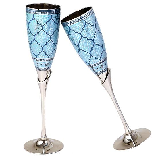 Verres à vin en laiton, gobelet, flûtes à champagne, Diwali, cadeau d'anniversaire de mariage pour mariage en couple, clients d'entreprise ensemble de 2, conception de flûtes bleues