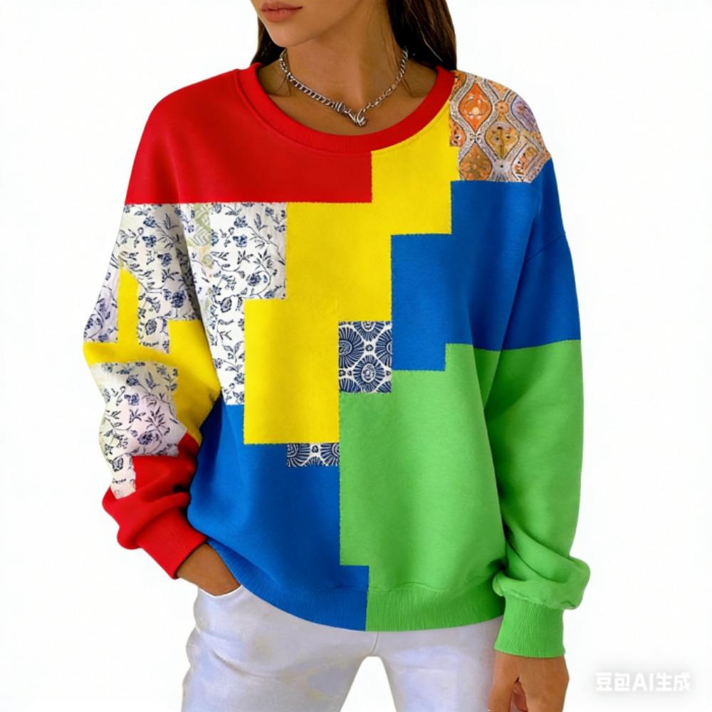 אופנת אביב שילוב צבעים חולצת טי לנשים קז'ואל הדפס וינטג' פולאובר לנשים בגדי שרוול ארוך קז'ואל בחוץ חולצות טי עליון