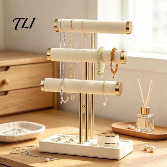 Desktop Jewelry Holder 3 Tier Velvet Organizer, T-shaped for Bracelet, Display Necklaces Rings, & Earrings, Stand with Storage Tray Non-slip