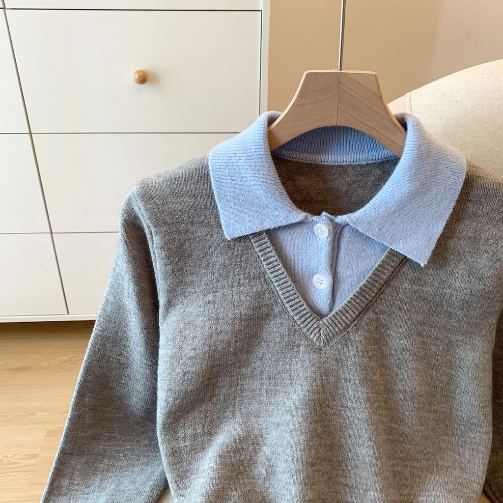 Fake two-piece polo-neck top women's autumn slim-fitting and thin knitted sweater
