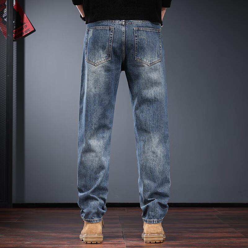 Jieleinuo Men's American Retro Washed Straight-Leg Denim Jeans