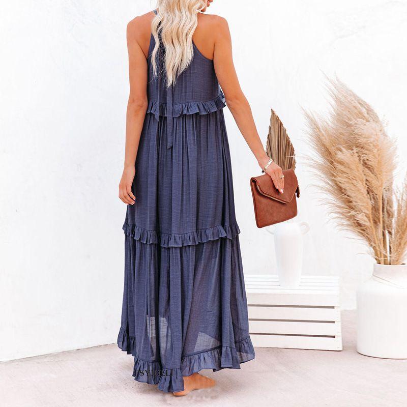 Fashion 2025 Summer New Holiday Ruffles Long Vest Dress Wide Hem Flowy Beach Dress Dress