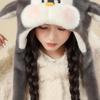 Blue-Gray Penguin Ear Moving Earmuffs, Faux Fur, Windproof, Cold-Proof, Cute Winter Hat for Kids.