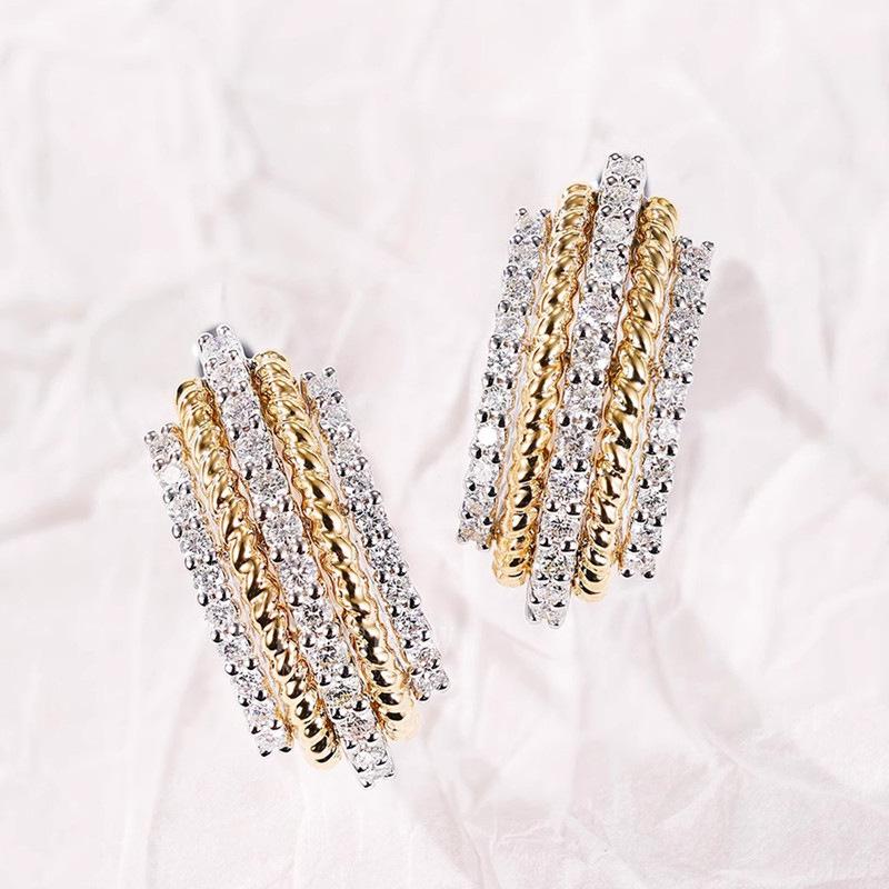 Bi-Color Braided Rope Texture Multi-Row Round Cubic Zirconia Inlaid Wide Hoop Earrings Silver Base Snap Closure Elegant Office Ladies Accessories