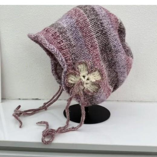 New gentle wind lace-up flower knitted hat women's big head circumference shows face small spring and summer sun protection breathable wool hat
