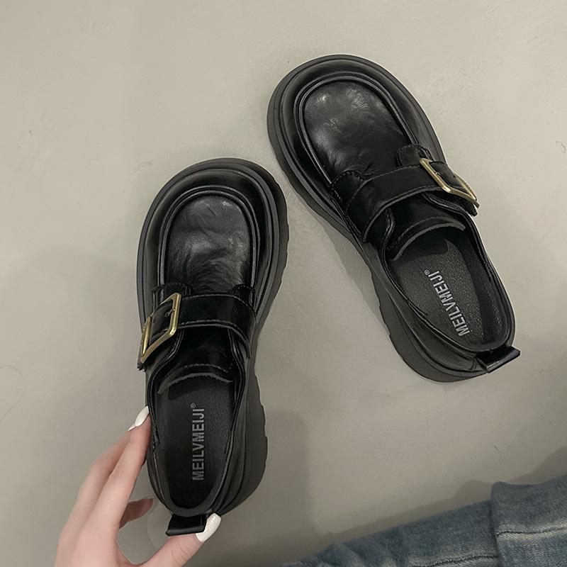 

Retro British style loafer single shoes women s 2025 autumn new thick-soled thick-heeled small Mary Jane small leather shoes 35 чёрный