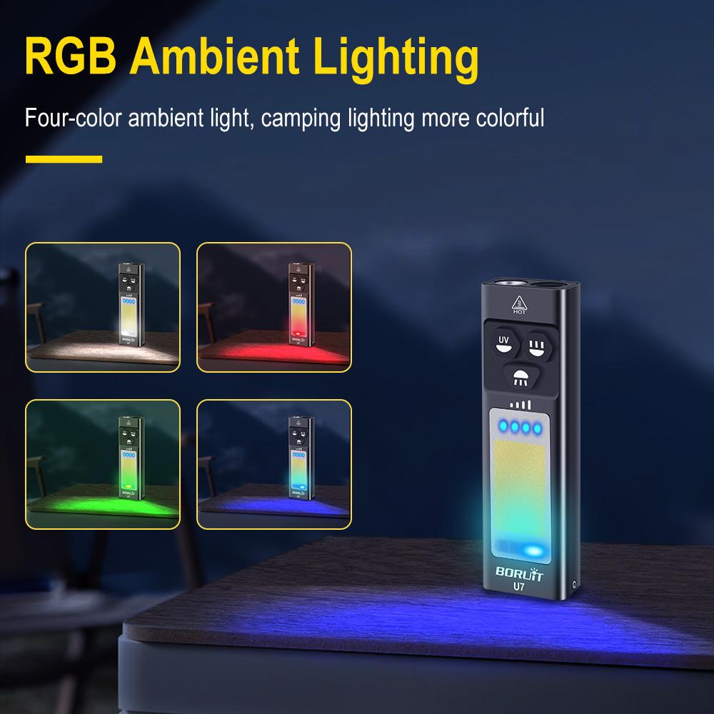BORUiT U7 Flashlight LED UV Light Spotlight Floodlight Torch Power Bank With Magnetic Back Clip RGB Ambient Light Work Lamp