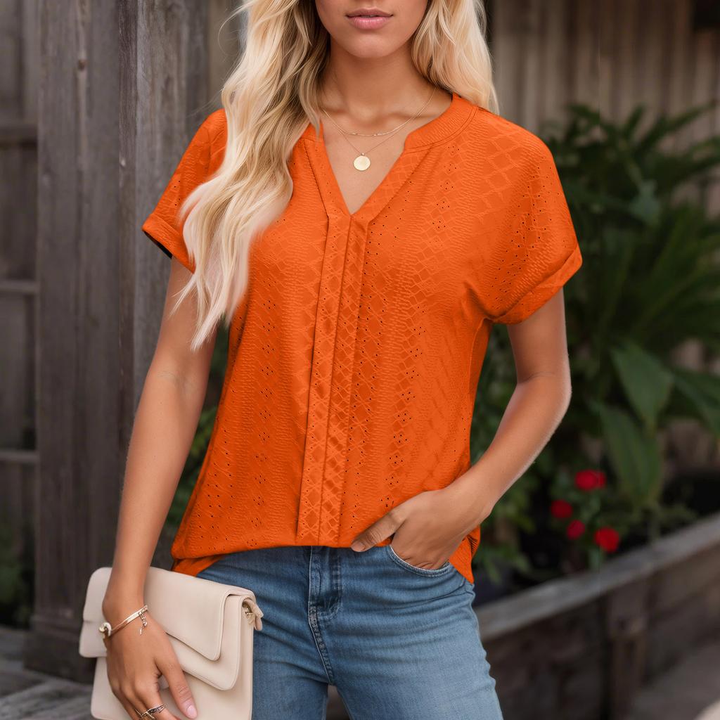Womens Tops Short Sleeve V T-Shirt Blouse Dressy Causal Eyelet Embroidery Summer Fashion Clothes