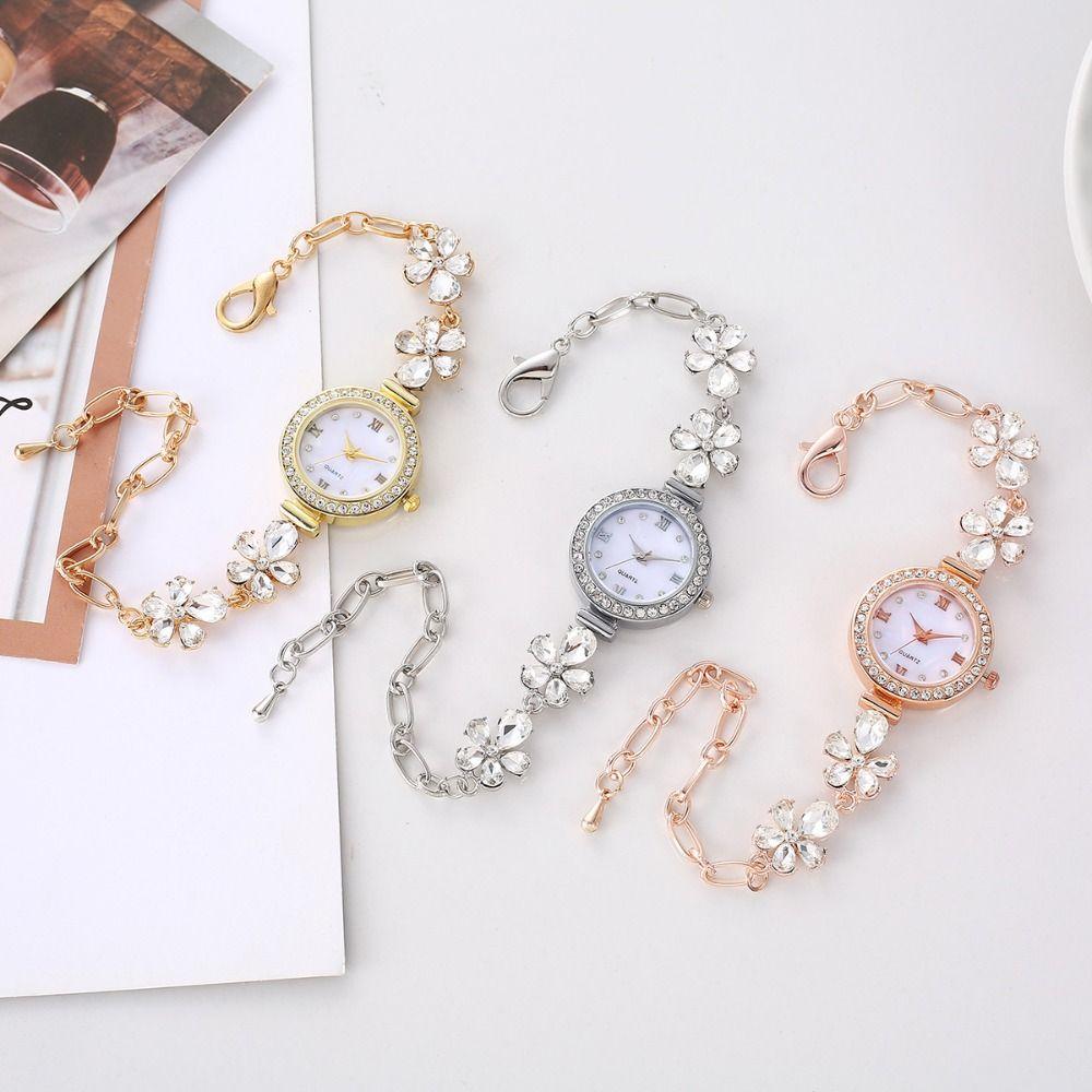 Roman-Scalped Quartz Bracelet Watch Diamond Embedded Adjustable Vintage Round Ladies Watches Gemstone Flower Clasp Alloy Case