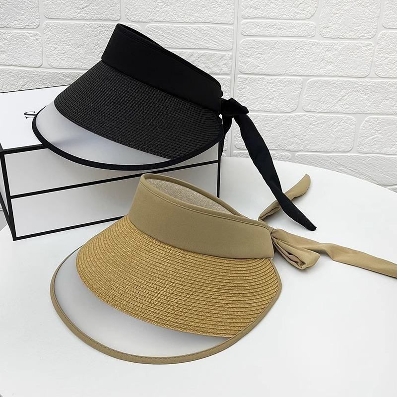 Sunscreen hat women's summer empty top hat straw braided splicing bow sunshade purple line travel no top sun hat