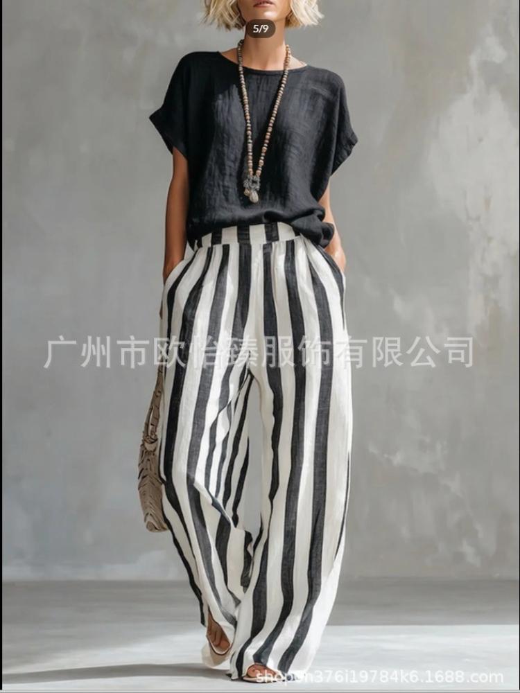 Women s Dark Blue Short Sleeve Top and Blue White Striped Wide Leg Pants Set S чёрный