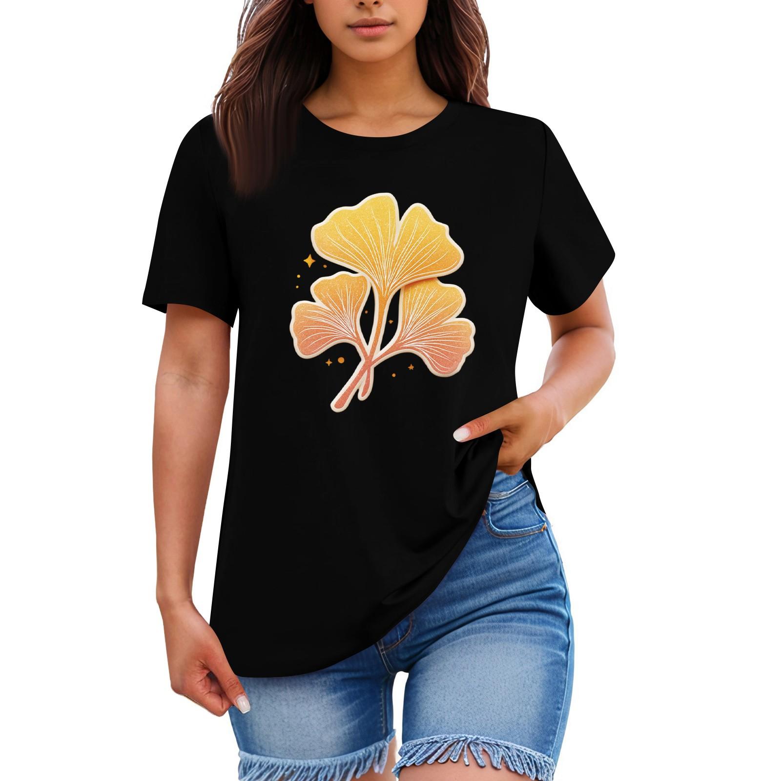 

Женская свободная удобная повседневная модная футболка с принтом растений и цветов, круглым вырезом и короткими рукавами XL чёрный