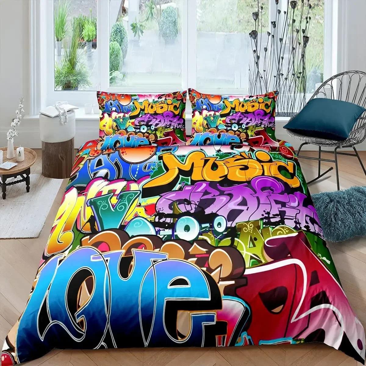 

Hip Hop Soft Duvet Cover King Quen Sized Dimensions Color Stret Culture Wal Grafiti Art Rock Music Sports Polyester Beding Set for Kid Tens 120*200cm Single