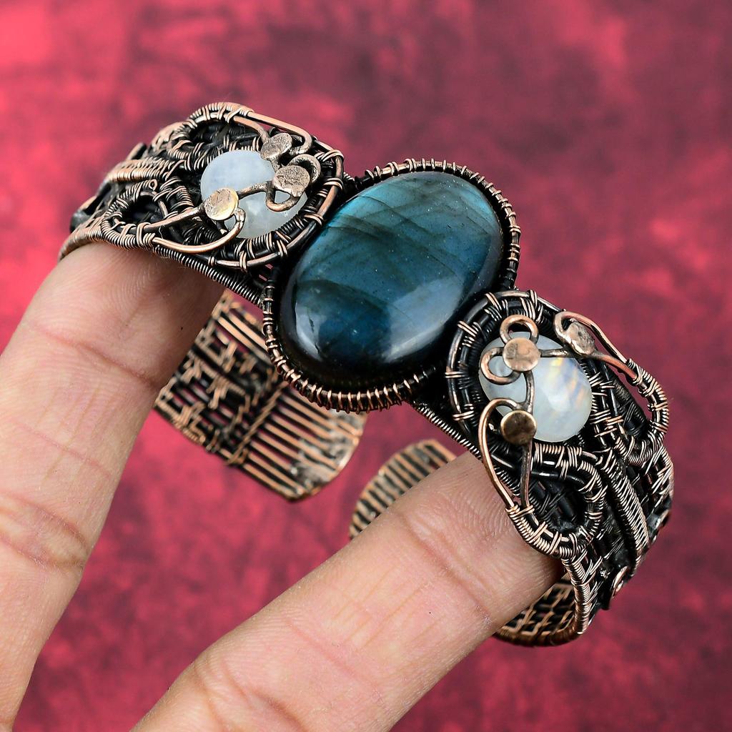 Βραχιόλι Λαβραδορίτη Χάλκινο Καλώδιο Τυλιγμένο Ρυθμιζόμενο Βραχιόλι Μανσέτα Βραχιόλι Φεγγαρόπετρα Ουράνιου Τόξου Χειροποίητο Βραχιόλι με Πολύτιμους Λίθους Χάλκινο Κόσμημα Για Δώρα