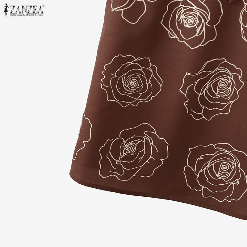 ZANZEA Womens Casual Round Neck Ruffles Short Sleeve Loose Print Blouse