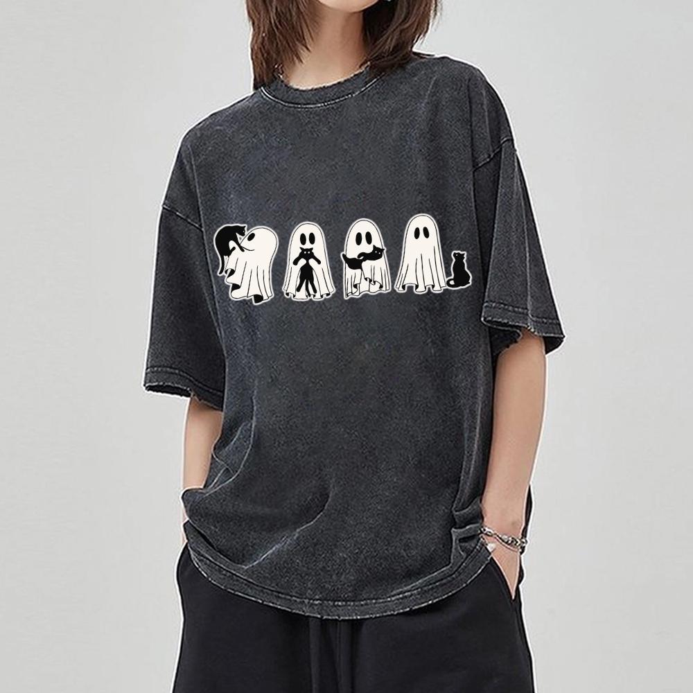 Cartoon Cat With Ghost Print Women T-Shirt Oversized Crew Neck Wash Loose Short Sleeve Unisex Minimalist Top Cute Sweetheart Y2k