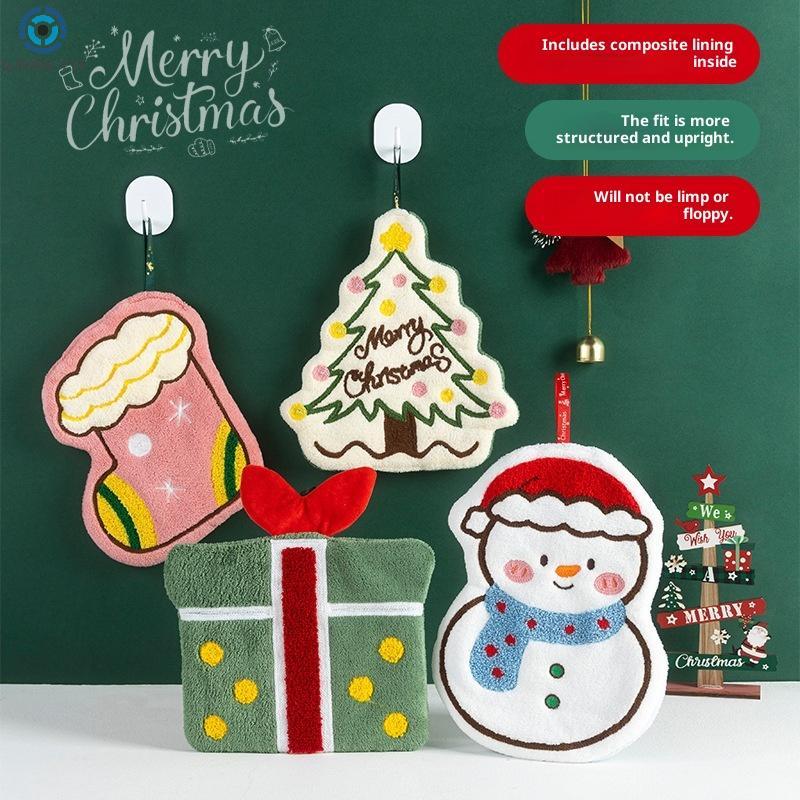 1PC Christmas Hand Towel Cartoon Gingerbread Man Snowman Socks Christmas Tree Gift Box Coral Fleece Towel Cleaning Cloth Rag