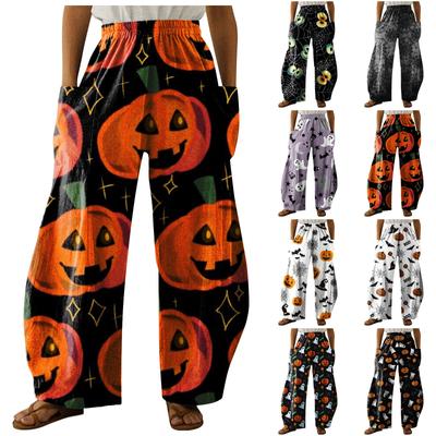 Women's Fashion Elastic Waist Loose Halloween Printed Home Casual Straight Leg Pants With Pockets