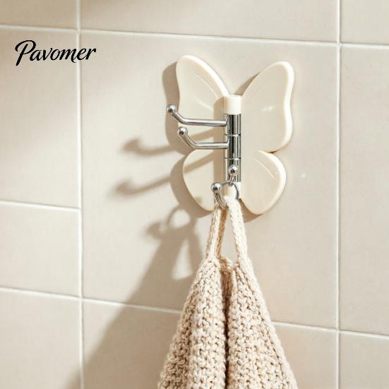 Polished Wood Adhesive Hook 4PCS Butterfly Rotating Hook, with 3 Swivel No Drill Peel And Stick Hooks Wall Space Saving for Bathroom Kitchen