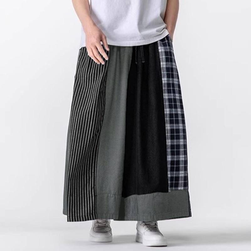 

INCERUN Men Casual Elastic Waist Patchwork Plaid Long Baggy Wide Legs Pants Trousers 5XL чёрный