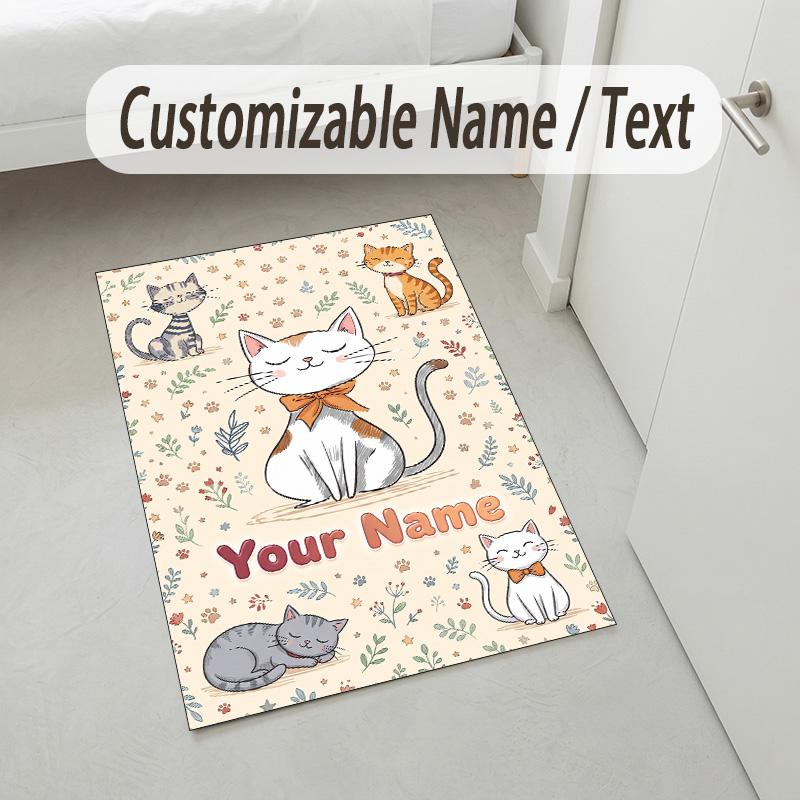 Cat Theme Crystal Velvet Rug Personalized Custom Name Text Soft Floor Mat Home Decor