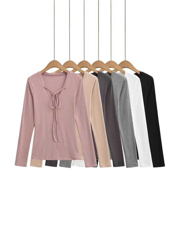 Women's Deep V-Neck Lace-Up Long Sleeve Slim Fit Autumn Top