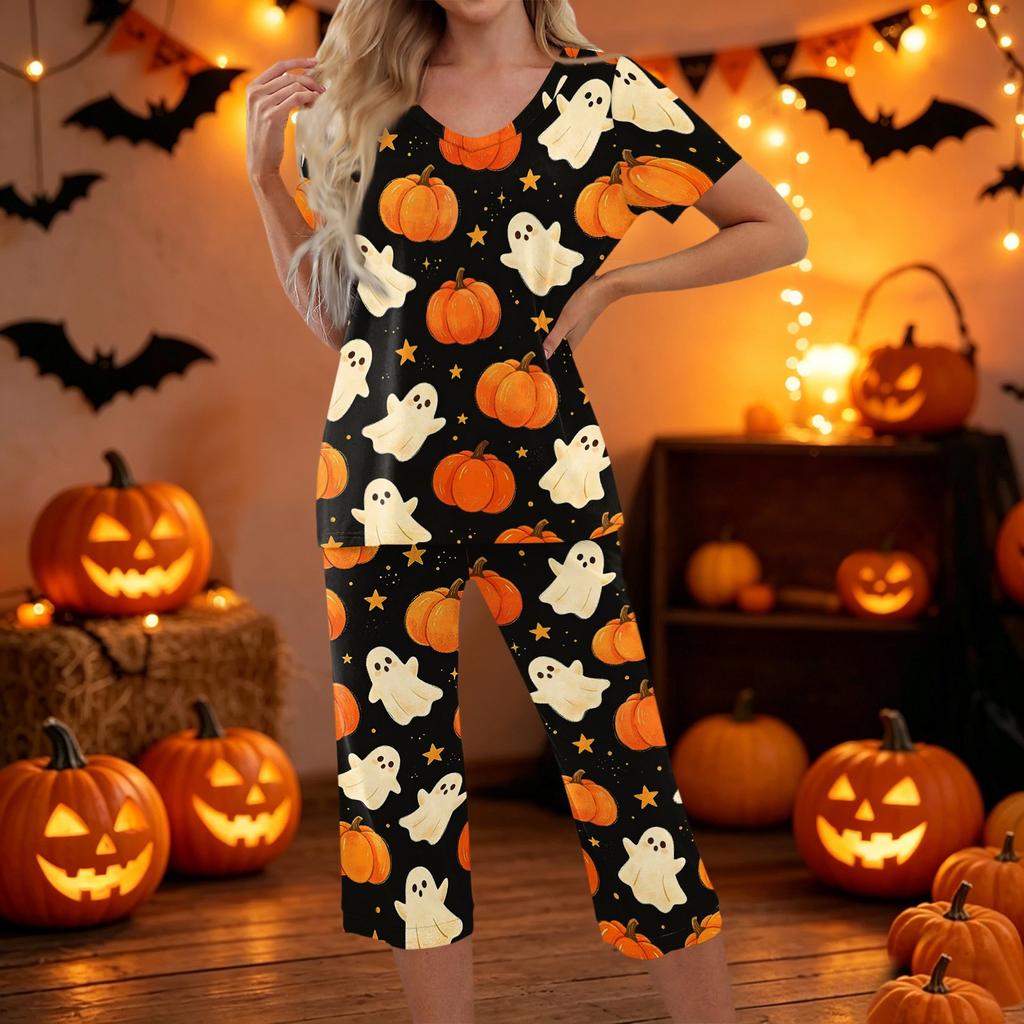Women Halloween Printed Two Piece Set Short Sleeve Casual Top and Cropped Pants Comfortable Relaxed Fit Outfit