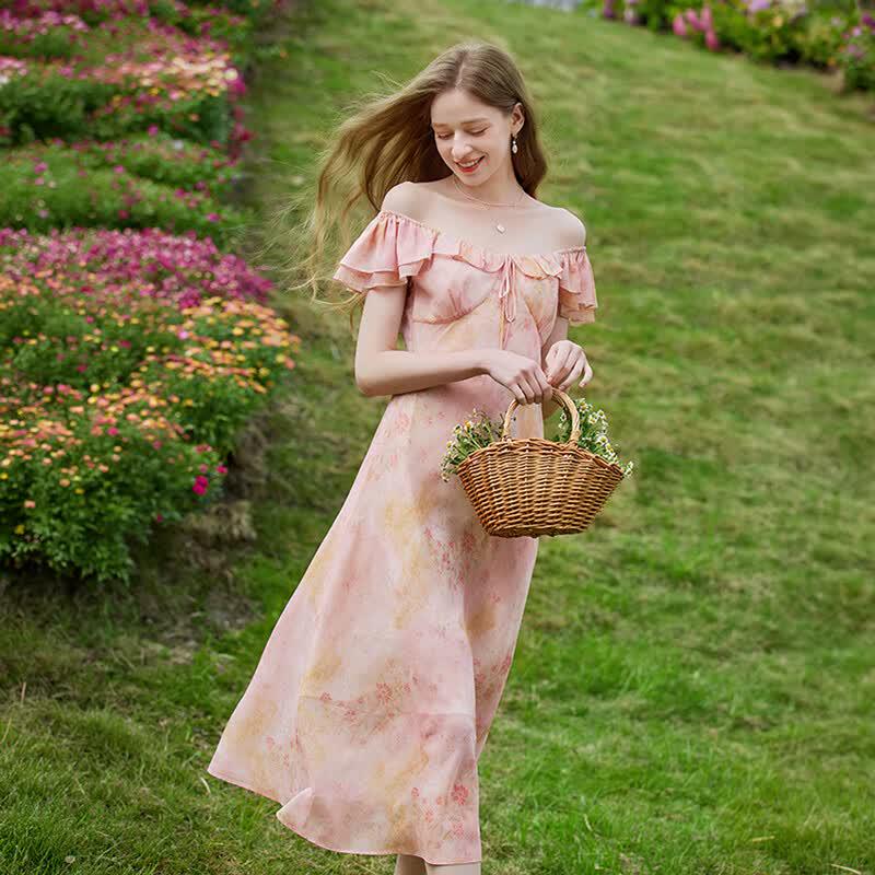 Elegant Floral Ruffle Chiffon Maxi Dress