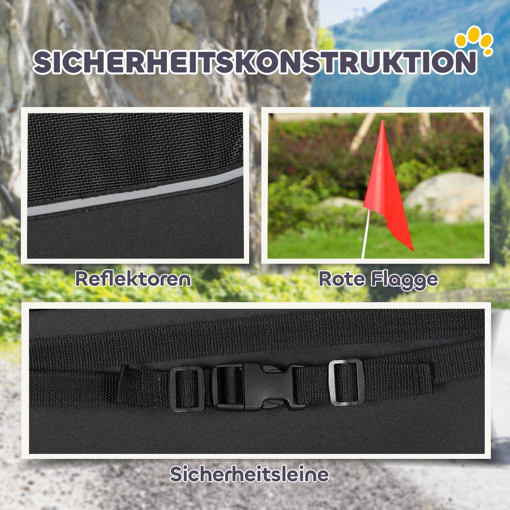Sklápěcí psí cyklovozík s reflexními prvky, síťovanými okénky, koly, dveřmi a bezpečnostní vlajkou pro psy do 20 kg, 138x70x89 cm, modrý