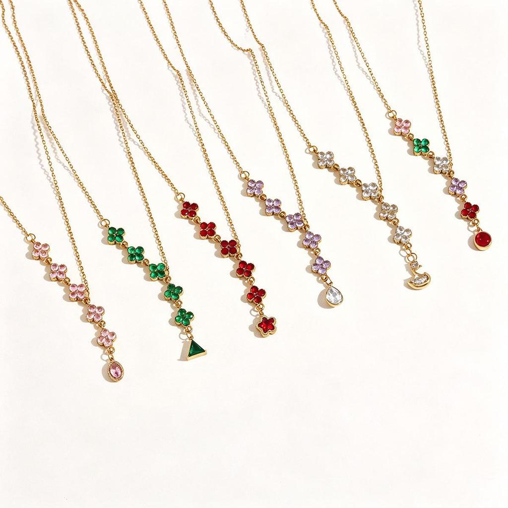 French Retro Titanium Steel Four-Leaf Clover Pendant Necklace with Colored Zirconia