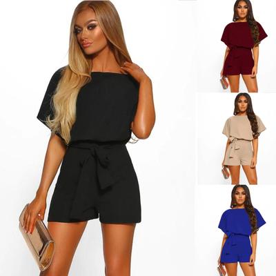 Women's Color Pocket Frenulum Girdle Shorts Short Sleeve Jumpsuits