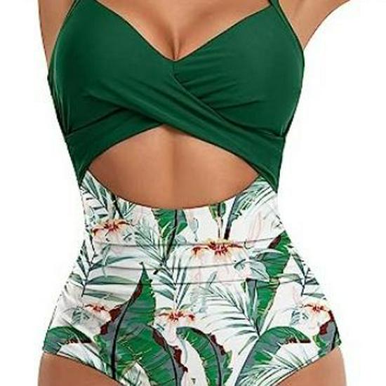 European American Color Block Spliced Cutout One-Piece Swimsuit with Adjustable Cross Tie-Up.