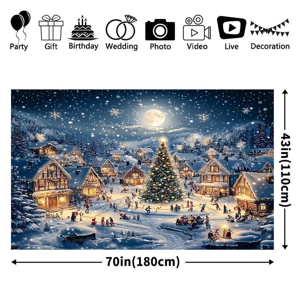 1 piece Christmas background fabric featuring cartoon village and red pine tree design 100% polyester party decorationZL