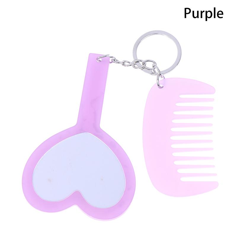 

Portable Love Heart Mirror Comb Set Bag Pendant Accessory Keychain Handy Handle Comb Key Holder Simple Match All Bags Purple