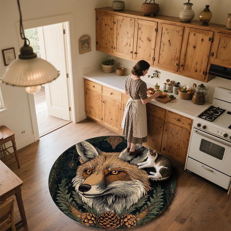 Fox On Tree Branch,Round Area Rug,Carpet Rug for Living Room Bedroom Sofa Playroom Decor,Non-slip Floor Mat