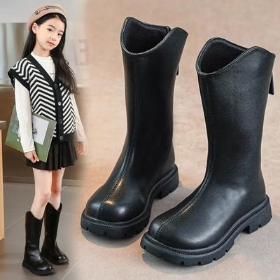 Mädchen Hohe Stiefel im britischen Stil Kleinkinder Kinder Prinzessin Lederstiefel Einfarbig Vielseitig 2024 Kinder Lange Stiefel Mid-calf