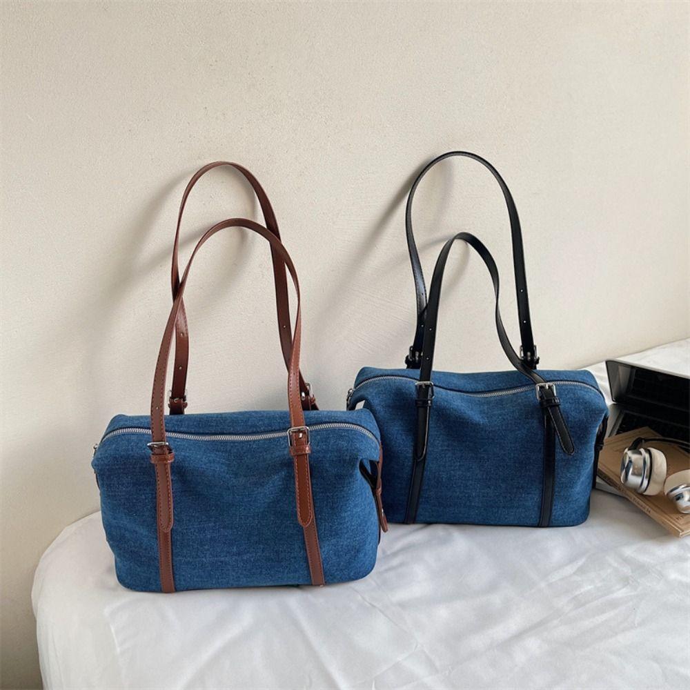 Solid Color Denim Tote Bag Korean Style Underarm Packs Cute Large Capacity Handbag  Women