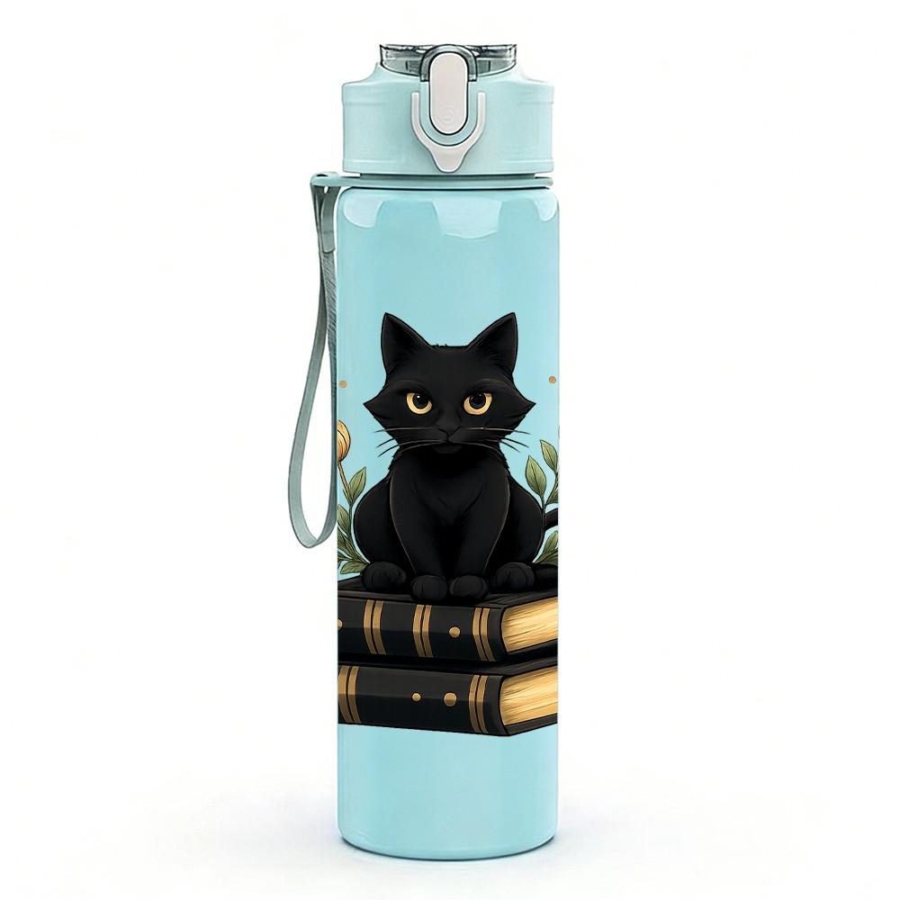 1PC Black Cat Stacked Books Art 750ml Color Plastic Sports Water Bottle Leakproof Flip Straw Lid Suitable for Sports Office Home Use