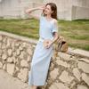 Fragrant Shadow Blue Cotton Fake Two Piece Set Skirt for Women 2026 Summer New Round Neck T-shirt Straight Tube Half Skirt Two Piece Set