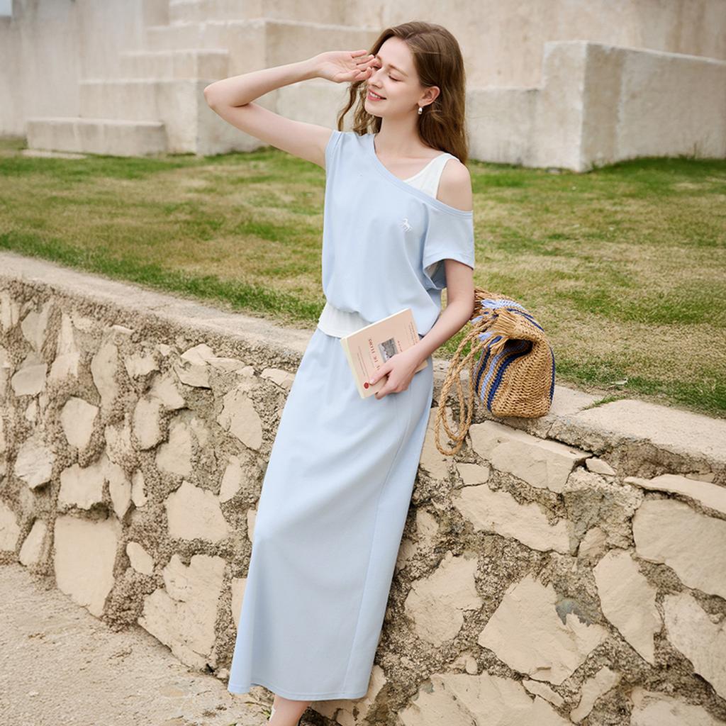 Fragrant Shadow Blue Cotton Fake Two Piece Set Skirt for Women 2026 Summer New Round Neck T-shirt Straight Tube Half Skirt Two Piece Set