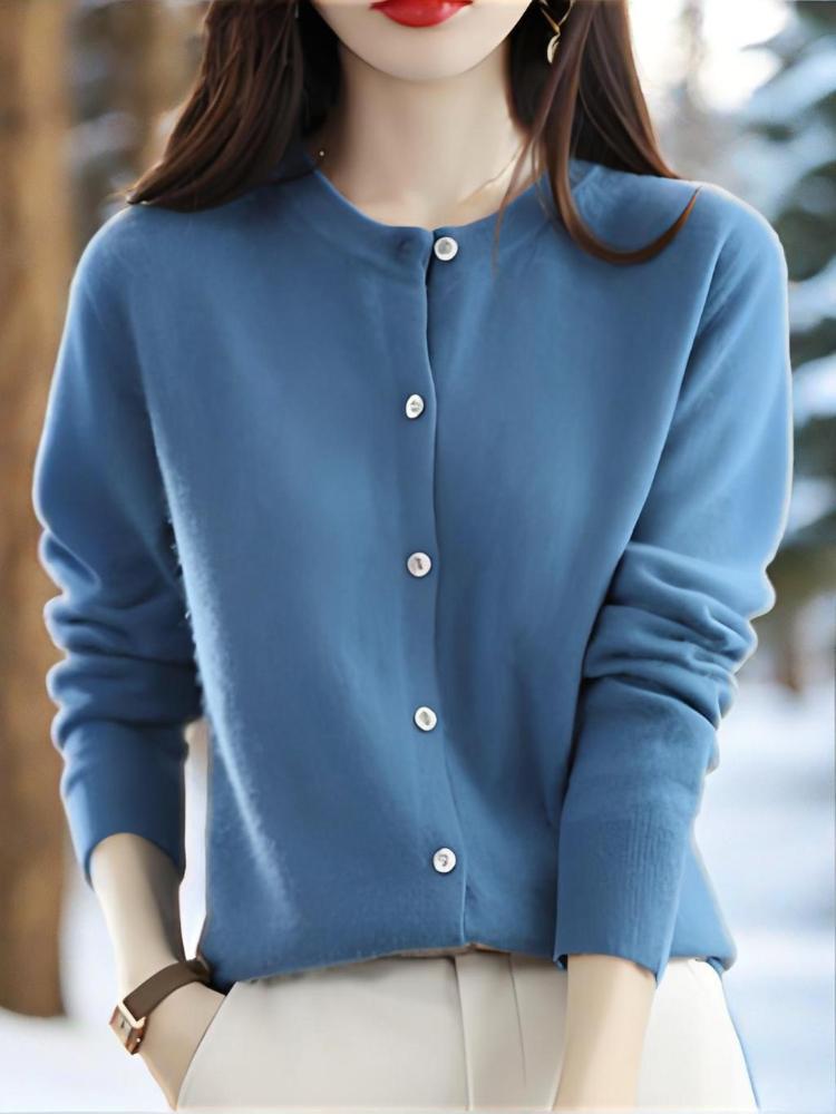 Knitted cardigan, round neck sweater, women's long-sleeved solid color all-match jacket, women's clothing
