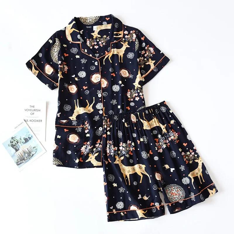 Spring and Autumn Ladies Cute Cartoon Floral Viscose Fiber Pajamas Two-piece Long-sleeved Home Service Cotton Summer Thin Shorts