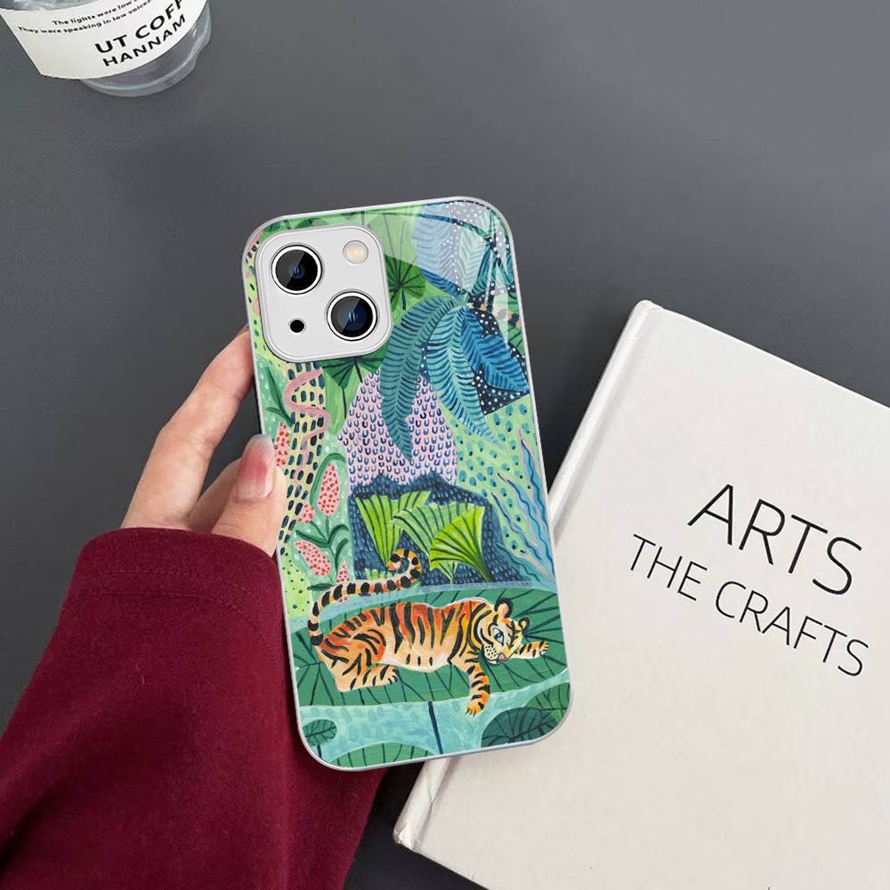 Jungle Art Illustration Snake Cats Sloth Tempered Glass For Iphone 14 13 12 11 Pro Mini XS MAX 14Plus X XS XR Fundas