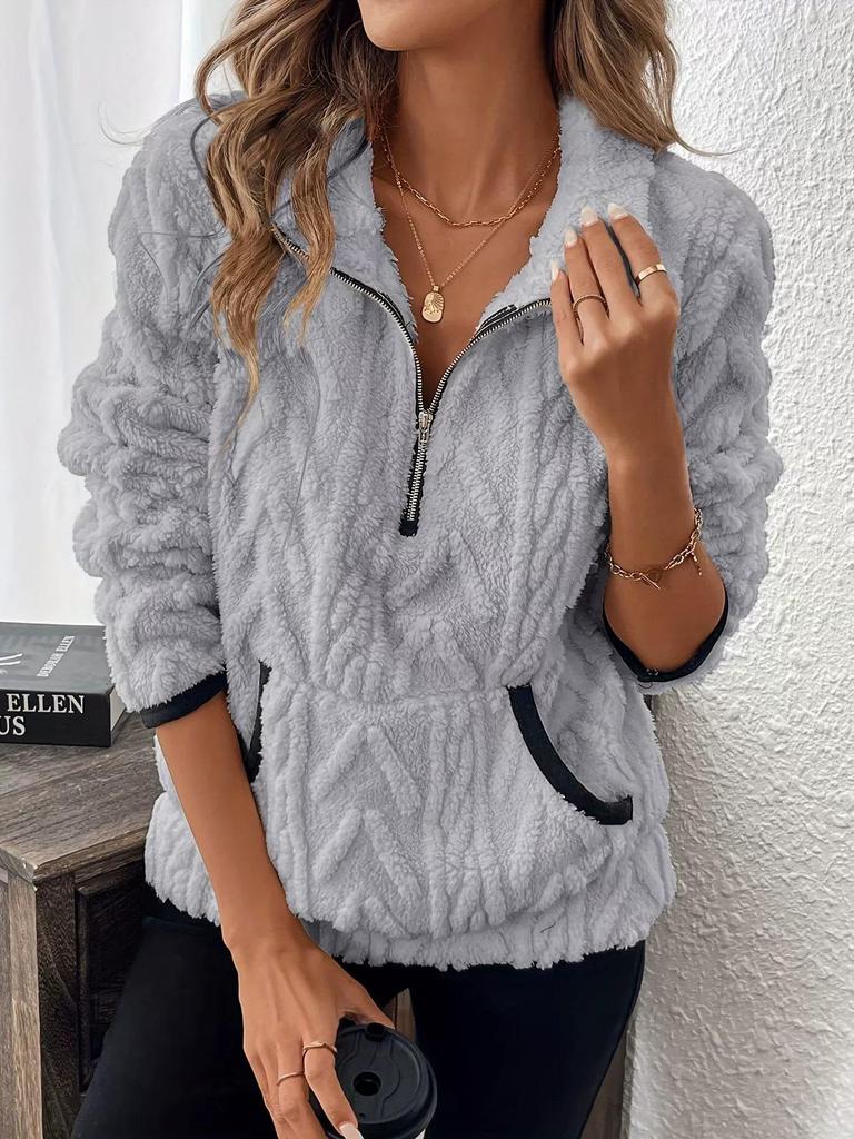 Color-Blocked Half-Open Collar Plush Women's Sweatshirt - Autumn/Winter 2025 Fashion