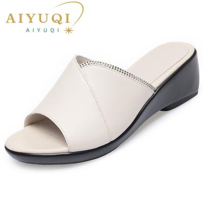Fashion AIYUQI Women Slippers Sandals Genuine Leather Summer New Open-toe Women Shoes Slippers Big Size 41 42 43 Mom Wedge Women Slides